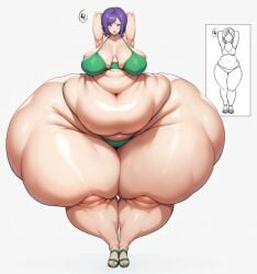 1girls ai_generated ass_bigger_than_body bbw belly belly_button breasts fat_ass fat_rolls hands_behind_head huge_belly hyper_ass hyper_thighs ponderousorbs purple_eyes purple_hair tagme white_background wide_hips