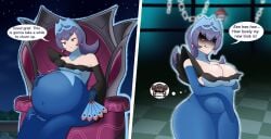 2girls after_vore bad_end bellelba big_breasts breast_expansion brown_hair censor_bar censored_eyes crossed_arms crown dark55321 dialogue digested_prey dress english_text implied_vore pokemon pokemon_bw2 pokemon_masters pokemon_masters_ex pokestar_studios post_vore prince queen rosa_(pokemon) sabrina_(pokemon) short_hair sideboob sitting smug stomach_bulge tagme thick_thighs thigh_expansion throne vore vore_belly weight_gain