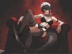 ai_generated arm_band collar ellen_joe garter_belt garter_straps legs_up maid_headdress medium_breasts shark_girl shark_tail sitting_on_chair thighs two_tone_hair underwear_only zenless_zone_zero