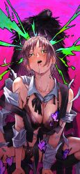 1girls blush bra breasts chainsaw_man cleavage drooling erupusai2 fami_(chainsaw_man) female female_only guillotine guillotine_devil heart_symbol hi_res highres light-skinned_female light_skin looking_at_viewer open_mouth panties pink_background ripped_clothing spread_legs