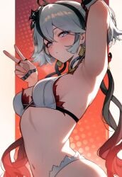 ai_generated armpit_fetish armpits arms_up blue_eyes bra breasts camellya_(wuthering_waves) hoyoverse midriff peace_sign sideboob smooth_skin sweat twintails white_hair wuthering_waves