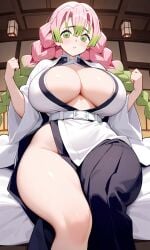 ai_generated anime_girl anime_style big_breasts demon_slayer green_eyes huge_breasts kimetsu_no_yaiba kimono massive_breasts mitsuri_kanroji pink_hair pixai thick_legs thick_thighs