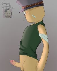 1boy bandage bandages blush blush_lines generic_roleplay_gaem green_clothing grey_background guard guard_(generic_roleplay_gaem) looking_down male male_only penis precum precum_drip roblox roblox_game robloxian self_upload shirt shirt_lift side_view smiling solo tagme text visible_breath