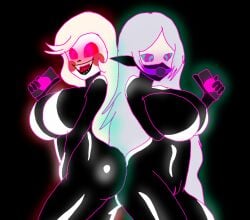 2girls big_ass big_breasts charlie_morningstar_(hazbin_hotel) crackpro drone droneification dronesuit eyes_rolling_back female female_only frieren frieren_beyond_journey's_end happy_female happy_sub hazbin_hotel hypnosis hypnotic_accessory latex latex_suit sousou_no_frieren