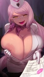 business_suit business_woman contract earrings facominn fangs fate/grand_order fate_(series) flashing_breasts glasses gloves grin huge_breasts japanese_text koyanskaya_(fate) koyanskaya_(foreigner) licking_teeth lipstick lipstick_mark pink_hair ribbon translation_request uniform white_clothing yellow_eyes