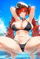 1girls ai_generated azur_lane big_breasts bikini breasts female female_focus honolulu_(azur_lane) huge_breasts large_breasts light-skinned_female long_hair navel red_eyes red_hair thick_thighs thighs twintails