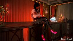 3d arab_female arabian_female bdo beurette black_desert black_desert_online black_hair commentary_request crossed_legs dark-skinned_female dog_ears exposed furry_ears game_screenshot heels irl_character leggings pink_heels shiny_leggings yourbdoslave