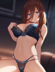 1girls ai_generated bedroom blue_underwear breasts go-toubun_no_hanayome lingerie nakano_miku smile