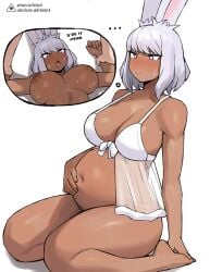 ... 1girls animal_ears areolae bare_shoulders barefoot big_breasts blush bra breasts breeding bunny_ears bunny_girl cleavage cum_inside_request dark-skinned_female dark_skin donburikazoku embarrassed female female_only final_fantasy_xiv flustered hand_on_belly hand_on_pregnant_belly impregnation interracial kemonomimi kneeling knees legs lilac_eyes mature_female navel nipples open original_character pregnancy pregnant pregnant_belly pregnant_female short_hair solo sweatdrop tagme thick_thighs thighs viera waist white_background white_bra white_hair