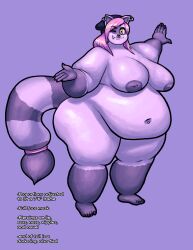 anthro areola belly big_belly big_breasts breasts cleavage clothed clothing digital_media_(artwork) domestic_cat ear_piercing ear_ring eyebrow_through_hair eyebrows facial_piercing fangs fat_arms felid feline felis female fur hair hi_res hybrid long_hair looking_at_viewer maddison_ringtail mammal navel navel_piercing nipples noctoon nose_piercing nose_ring nude obese obese_anthro obese_female one_eye_closed overweight overweight_anthro overweight_female piercing pink_hair purple_background purple_body purple_fur ring_piercing simple_background smile solo tail teeth thick_tail thick_thighs trans_(lore) trans_woman_(lore) translucent translucent_hair