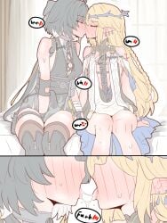 2girls blush cartethyia_(wuthering_waves) female female_rover_(wuthering_waves) french_kiss physisyoon rover_(wuthering_waves) wuthering_waves yuri