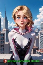 1girls ahq_hentai ai_generated blonde_hair blush bodysuit breasts gwen_stacy gwen_stacy_(spider-verse) marvel medium_breasts on_roof patreon perfect_body spider-man_(series) spider-verse stable_diffusion