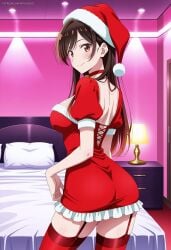ai_generated artkoikoi asian asian_female back_view backside bedroom bell_choker big_breasts breasts brown_eyes brown_hair choker christmas christmas_dress christmas_outfit female garter_straps highres hourglass_figure kanojo_okarishimasu lingerie long_hair mizuhara_chizuru patreon patreon_username santa_costume santa_hat stockings thighhighs