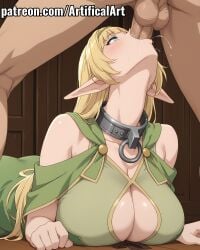 1boy 1girls ai_generated artifical_art balls bangs blonde_hair blowjob blowjob_face blue_eyes deepthroat elf elf_ears elf_female elf_girl hairband how_not_to_summon_a_demon_lord isekai_maou_to_shoukan_shoujo_no_dorei_majutsu large_breasts light-skinned_female light_skin long_hair male oral oral_penetration oral_sex penis penis_in_mouth perfect_body pointy_ears sex shera_l_greenwood slave_collar sucking sucking_penis