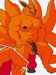 absurd_res anus ass big_butt big_muscles big_pecs canid canine caudacaudoso_(artist) digitigrade dildo fox hi_res knot knotted_dildo kurama male mammal muscular muscular_male naruto pecs sex_toy solo thick_thighs