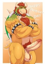 1boy anthro balls beard biceps big_penis bowser bowser_day collar crossed_arms deltoids erection eyebrows facial_hair foreskin furry furry_male furry_only genitals hi_res horns humanoid humanoid_genitalia humanoid_penis koopa male male_only mario_(series) muscles muscular muscular_male nickgray nintendo nude penis pubes red_hair reptile scalie smile solo solo_focus solo_male spiked_collar spikes uncircumcised vein veiny_penis