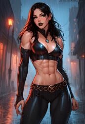 abs ai_generated athletic athletic_female belt black_hair black_legwear black_lipstick bra breasts choker dark_lipstick fit fit_female green_eyes laura_kinney leather_bra leather_clothing leather_pants leather_topwear long_hair looking_at_viewer low_waisted_pants marvel marvel_comics midriff midriff_showing muscular_abs rain rainbow_six redbisycle ring_belt sleeves standing thick_thighs toned toned_arms toned_belly toned_body toned_female toned_stomach topwear wet x-23 x-men