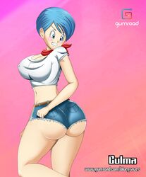 1girls ass big_ass big_breasts blue_eyes blue_hair bluegraves blush breasts bulma_briefs clothed clothing curvy denim_shorts dragon_ball dragon_ball_super dragon_ball_z female female_only jeans large_ass large_breasts milf mother nipples nude open_mouth scarf shiny_skin shorts simple_background thick_legs thick_thighs underwear wide_hips