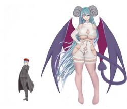 big_breasts blue_hair cloak corruption curled_horns curvy demon_girl demon_horns demon_tail demon_wings erect_nipples_under_clothes folded_wings full_body full_cleavage gloves gluteal_fold hand_on_hip height_difference horns long_hair neon_fox nipple_bulge purple_eyes sharp_teeth simple_background smirk smug spade_tail succubus tail tights transformation underboob white_background wings