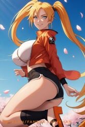 1girls ai_generated ass big_breasts blonde_hair blue_eyes breasts cropped_jacket female female_only long_hair looking_at_viewer naruko naruto naruto_(series) naruto_shippuden sexy_no_jutsu shorts shychan solo stable_diffusion thick_thighs thighs twintails