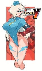1girls absurdres blonde_hair blue_eyes blue_hat blue_leotard bodypaint cammy_white cammy_white_(cosplay) commentary_request cosplay cropped_legs feet_out_of_frame fingerless_gloves garrison_cap gloves hair_over_one_eye hat highleg highleg_leotard highres leotard lightning_bolt_symbol logo_parody long_hair looking_at_viewer mario_(series) nintendo omura_zojiki princess_rosalina red_gloves ribbed_leotard rosalina shadaloo_dolls solo street_fighter street_fighter_zero_(series) super_mario_galaxy
