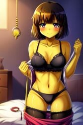 1girl 1girls ai_generated bedroom black_bra black_panties black_thighhighs blush blush_lines blushing_at_viewer bra breasts brown_hair chara_lover chara_lover(artist) female female_frisk female_human female_only frisk frisk_(undertale) hypnosis hypnotic_eyes looking_at_viewer medium_breasts mind_control panties pendulum short_hair solo solo_female thighhighs undertale undertale_(series) undressing undressing_self yellow_body yellow_skin yellow_skinned_female