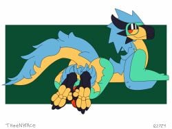 animated bird_wyvern capcom feathers feet foot_focus furry furry_male furry_only genitals green_body leg_swinging long_tail looking_at_viewer looking_back loop male male_only monster_hunter pawpads penis red_eyes seikret solo tail theenyface