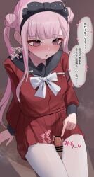 1boy 1girls between_thighs blush large_breasts penis school_uniform steam steaming_body teasing_penis the_hundred_line_-last_defense_academy- thigh_sex thighs tsukumo_kako