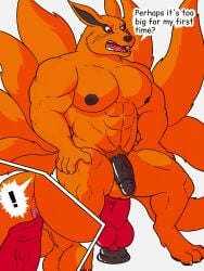 absurd_res anthro anus_focus ass big_butt big_muscles big_pecs canid canine caudacaudoso_(artist) digitigrade dildo fox genitals hi_res humanoid_genitalia humanoid_penis knot knotted_dildo kurama male mammal muscular muscular_male naruto pecs penis sex_toy solo speech_bubble thick_thighs