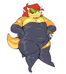 1boy belly belly_bulge big_belly big_breasts black_dress black_stockings bowser bowser_day breasts cartoony chubby_male crossdressing crossdressing crossdressing crossdressing_male daddy dilf fancy_clothing fashion fat_male gay ginger_hair golden_rings green_skin horns long_hair male male_only mario_(series) moobs nintendo one_eye_closed overweight_male rings_on_arms scalie solo solo_male stockings super_mario_bros. tagme tail yellow_skin zzmagnetzz