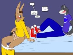 5_fingers anthro bed bed_sheet bedding bedroom black_body black_fur blue_eyes blush briefs brown_body brown_fur bulge canid canine canis clothed clothing converse_shoes crisp_the_wolf dialogue duo ears_up embarrassed erection erection_under_clothing eyewear fingers footwear fur furniture genitals glasses green_eyes hand_on_penis hi_res humanoid_genitalia humanoid_penis hybrid immelmann_(character) lagomorph leporid looking_at_another lying lying_on_bed male male/male mammal masturbation mattress nx-42 on_bed pajama_bottoms pajamas pantsless partially_clothed pawpads penis pikachu_costume pink_pawpads rabbit shoe_fetish shoes simple_background sitting sitting_on_bed sneakers socks speech_bubble tail text underwear underwear_down white_body white_fur wolf