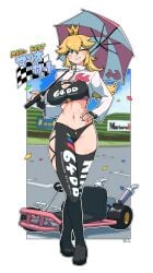 1girls absurdres alternate_breast_size artist_name bilingual_text black_gloves black_leggings black_sports_bra blonde_hair blue_eyes blue_gemstone blurry blurry_background blush border breasts cleavage cleavage_cutout clothes_writing clothing_cutout confetti copyright_name crossed_legs crotch_zipper crown dated day english_text female female_focus fingerless_gloves gem gloves go-kart grin groin hair_flaps hand_on_own_hip hand_up happy highres holding holding_umbrella in-universe_location japanese_text large_breasts leggings long_hair long_sleeves looking_at_viewer mario_(series) mario_kart mario_kart_64 midriff mini_crown mixed-language_text navel nintendo omura_zojiki one_eye_closed outdoors outline outside_border over_shoulder princess_peach red_gemstone shrug_(clothing) side_cutout sidelocks signature skindentation smile solo sports_bra stomach teeth umbrella watson_cross white_border white_outline white_shrug wink yellow_crown zipper zipper_pull_tab