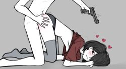 1boy 1boy1girl 1girl 1girls all_fours black_hair black_panties clothed_female_nude_male female grabbing_ass gun hair_over_one_eye male pistol pointing_gun red_shirt small_breasts smiling stockings threatening threatening_with_weapon
