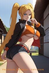 1girls ai_generated ass big_breasts bikini_top blonde_hair blue_eyes breasts female female_only long_hair looking_at_viewer naruko naruto naruto_(series) naruto_shippuden sexy_no_jutsu shychan solo stable_diffusion thick_thighs thighs twintails