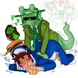 007n7_(forsaken) alien alien_chance_(forsaken) bottomless burger_hat chance_(forsaken) doggy_style forsaken_(roblox) green_skin laying_egg okal44420 onesie onesie_007n7 oviposition redraw roblox shark_onesie shark_suit