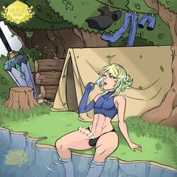 abs androgynous arm_gloves atelier_sol_aer balls balls_in_panties black_thong blonde_hair blue_eyes braided_hair camping elaine_duskray(xenxia) erection femboy ice_cream legs_in_water muscles penis ponytail popsicle river sitting skin_tight solo tent testicles thong tongue tongue_out trap water xenxia