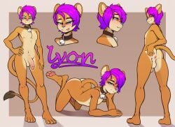 2025 anus ass big_butt blep blue_eyes blush felid femboy genitals hair humanoid_genitalia humanoid_penis jay-r lion looking_at_viewer lyon_(jay-r) male mammal model_sheet navel nude pantherine penis purple_hair tongue tongue_out