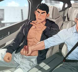 2boys abs bara bare_breasts big_glans big_penis black_eyes black_hair blush building car car_interior car_seat dangerous driving duo erection eyebrow_scar foreskin foreskin_folds frenulum frown gay grey_hair hand_in_pants hand_up handjob hi_res holding_penis hoodie huge_cock indoors looking_at_penis looking_down male male/male male_only mature_male morning muscles muscular muscular_male open_clothes original original_character passenger_seat pecs penis penis_out red_glans retracted_foreskin rolled_up_sleeves sanpaku seatbelt shocked short_hair sitting sitting_in_car six_pack sky small_pupils spiky_hair sunlight sweat sweatdrop thick_eyebrows thick_penis uncensored uncircumcised uncut veiny_penis wide_eyed window yaoi youchi123 zheng_yu