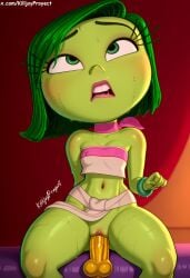 ai_generated chel_(cosplay) cosplay crop_top dildo dildo_sitting disgust_(inside_out) eyes_rolling_back female golden_dildo green_eyes green_hair green_skin inside_out killjoyproject loincloth pixar pussy riding_dildo sitting_on_dildo solo_female solo_focus vagina vaginal_insertion vaginal_penetration