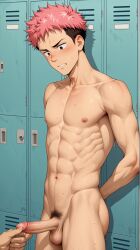 1boy ai_generated anime circumcised cut itadori_yuuji locker_room male male_focus pink_hair style twink yaoi yoonwings
