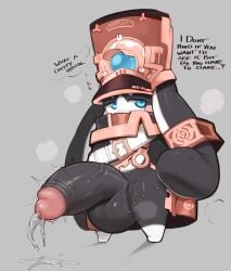 anthro balls big_balls big_penis black_body black_fur bodily_fluids clothed clothing dialogue dripping fur genital_fluids genitals hat headgear headwear hi_res honkai:_star_rail huge_balls huge_cock hyper hyper_genitalia hyper_penis kemono leaking long_ears male mascot mihoyo opening_jacket penis pom-pom_(honkai:_star_rail) precum precum_drip presenting solo white_body white_fur yuta1cc