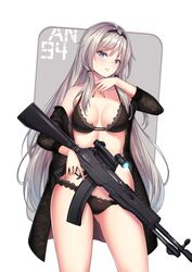 1girls an-94_(girls'_frontline) breasts cenangam cleavage female female_only girls'_frontline grey_hair gun looking_at_viewer thick_thighs thighhighs thighs