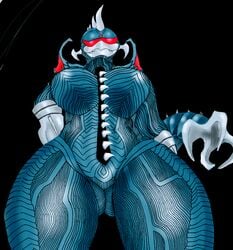 anthro artist_request big_breasts big_thighs blue_skin chikyuu_kougeki_meirei:_gojira_tai_gaigan_(1972) cybernetic cyborg gigan godzilla_(series) hook_tail metal shiny source_request spikes tail thick_thighs toho visor year_request