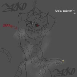 absurd_res anthro armpit_hair armpit_musk bodily_fluids body_hair genital_fluids hi_res knot long_tongue male musk musk_clouds musky_balls musky_penis nude nude_anthro nude_male precum skulldog_(species) solo tongue z4rk0