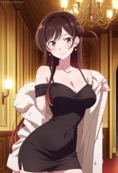 ai_generated artkoikoi asian asian_female big_breasts black_dress breasts brown_eyes brown_hair cleavage coat dress earrings female highres hourglass_figure indoors kanojo_okarishimasu long_coat long_hair looking_at_viewer mizuhara_chizuru patreon patreon_username short_dress tight_dress