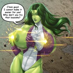 1girls big_breasts breast_out breasts bullet_hole bullet_holes bullets female female_only giant_breasts gloves green_body green_eyes green_hair green_nipples green_skin huge_breasts hulk_(series) leotard long_hair mangrowing marvel marvel_comics muscles muscular muscular_female naughty_face nipples no_bra seductive seductive_smile she-hulk smile smirk solo speech_bubble tease teasing thick_thighs