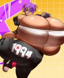 1girls alternate_body_type alternate_breast_size alternate_costume barely_contained barely_contained_breasts barely_fits blue_eyes bottom_heavy breasts_bigger_than_head breasts_bigger_than_torso chomperwhy cleavage cleavage_overflow controller dudemcwhy electrical_hair female female_only genie gigantic_breasts gradient_background grid_background headphones heart hood_down hoodie huge_ass huge_thighs hyper_breasts hyper_thighs long_hair massive_ass massive_breasts motion_lines number open_mouth ponytail purple_hair shantae shantae_(character) sneakers standing_on_one_leg thick_ass thick_thighs white_shirt