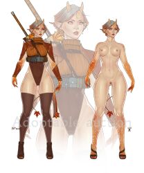 1girls character_sheet freckles full_body galaad1800 horns lips maple_(ashiavain) medium_breasts nude pussy red_eyes shiny_skin short_hair sword thick_thighs white_background