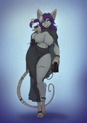 2026 anthro bell bell_collar big_breasts breasts buckteeth camel_toe clothing collar dress ear_piercing female fur genital_outline grey_body grey_fur grey_hair hair hi_res ineffective_clothing long_hair looking_at_viewer mammal multicolored_hair murid murine nipple_piercing nipple_ring nipples one_eye_closed pale_eyes piercing purple_hair purse rat ring_piercing rodent skaven solo tail teeth thick_thighs thott_(yawg) two_tone_hair vulva_outline warhammer_(franchise) whiskers wide_hips wink winking_at_viewer yawg