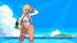 alternate_breast_size_(larger) animated arcueid_brunestud beach beach_ball bikini blonde_hair blue_ribbon boat breasts cleavage cropped_jacket defined_tanline female floating_hair gold_trim hair_between_eyes hand_up happy huge_breasts jacket legband ocean open_mouth outdoors pixel_art raptorbr raptorbr_(artist) red_eyes ribbon smile swimsuit tagme tanline tanned tanned_female tanned_skin thick_thighs thighs tsukihime tsukihime_(remake) video volleyball watercraft white_bikini white_jacket wide_hips